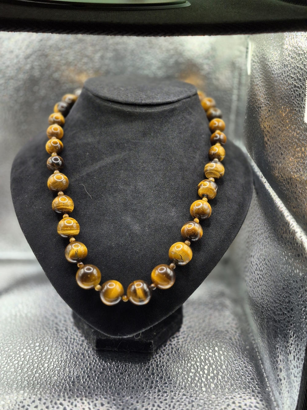 Tiger Eye Round Bead Necklace - Brown and Gold Tones
